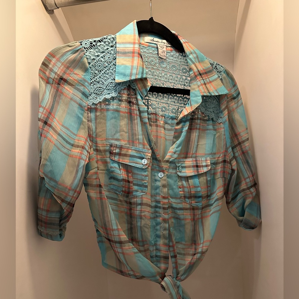 Plaid Button-Up Shirt with Lace Detail